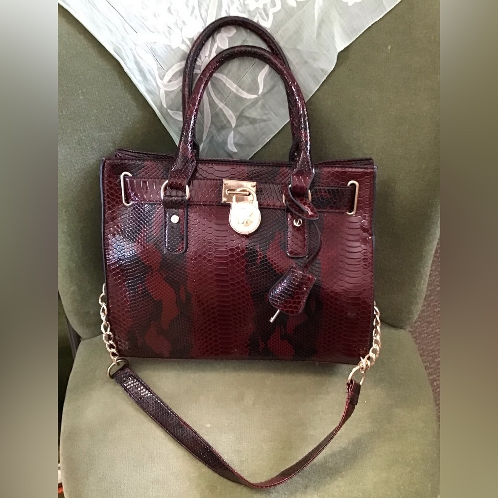 Michael Kors Burgundy Snake Print Shoulder Bag
